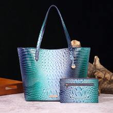 Women's Shoulder Bag European And American Style Crocodile Print Tote Bag Blue Large Capacity Commuter Tote Bag With Coin Purse Blue Crocodile Leather Tote Bag Large-Capacity Mother-In-Law Bag Fashionable And Versatile Handbag - 彩藍+藍 - 查看 1