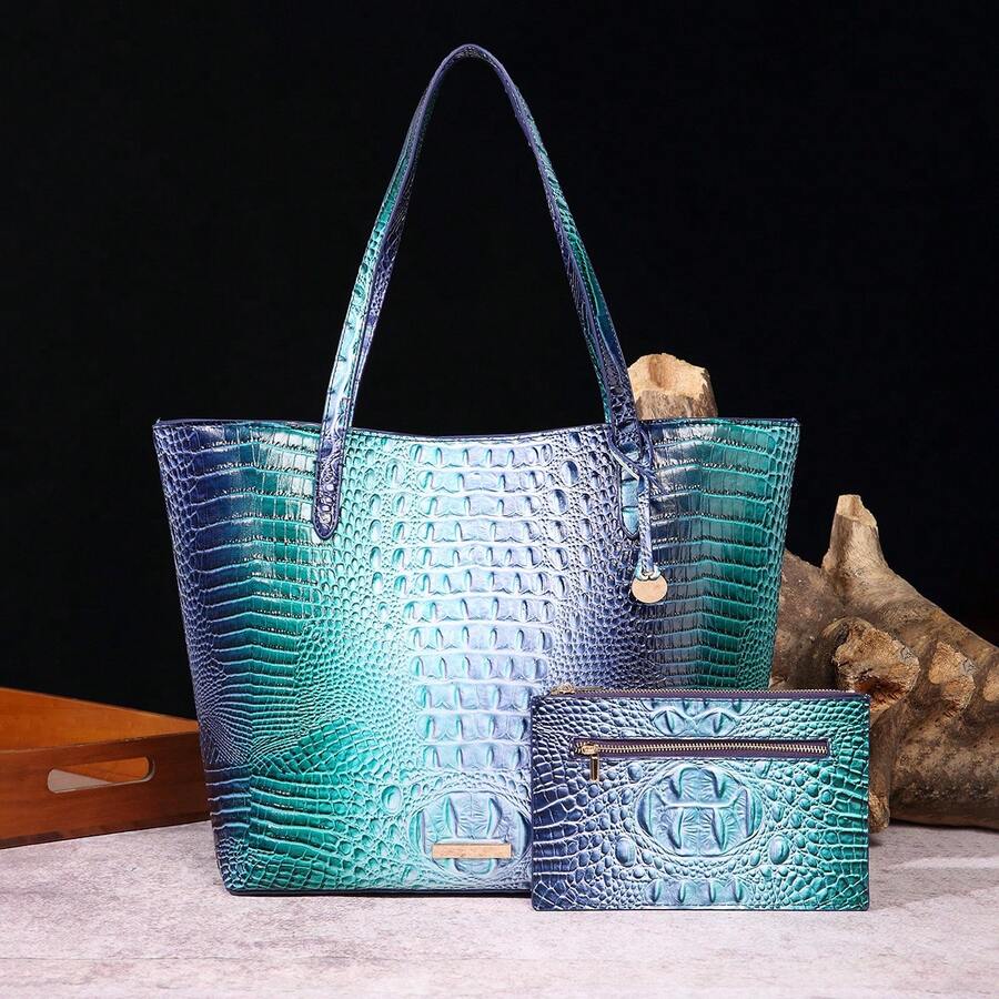 Women's Shoulder Bag European And American Style Crocodile Print Tote Bag Blue Large Capacity Commuter Tote Bag With Coin Purse Blue Crocodile Leather Tote Bag Large-Capacity Mother-In-Law Bag Fashionable And Versatile Handbag - 彩藍+藍 - 查看 1