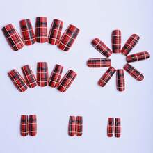 A Box Of 24 Pieces Of Long Trapezoidal Simple Plaid Armor Ins Sweet And Spicy Wind Red And Black Striped Grille New Year Nail Art Can Be Disassembled And Reused To Add A Sense Of Atmosphere To Daily Wear. - Bộ móng nghệ thuật kẻ ô đỏ đen dài - 1 hộp - Xem 2