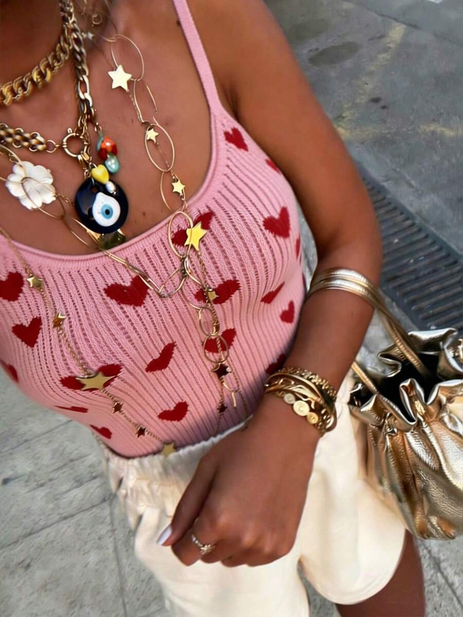 FOR BEAUTY Valentine's Day Pink Heart Pattern Knit Camisole, Fashionable Beach Outfit For Women, Spring/Summer New Arrival, Comfortable Casual Date/Beach Vacation Wear, Versatile Lightweight Knit Top For Daily/Commute - Pink - View 1