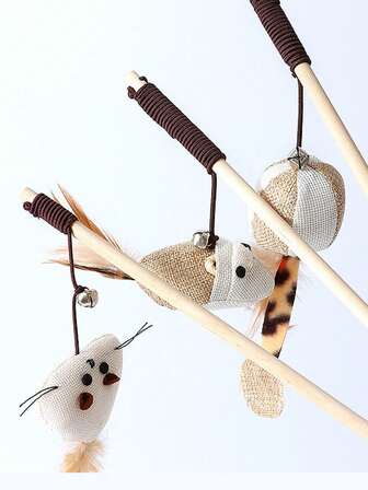 1支/2支/3支随机手工制作羽毛、亚麻和木质逗猫棒，带铃铛，供猫咪玩耍