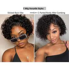 bling hair 6 Inch Pixie Cut Wig Human Hair Short 13x4x1 Curly Lace Front Human Hair Wigs For Women 150% Density C Part Human Hair Wig Chic Elegant Short Curly Wigs Layered Breathable Natural Color Pixie Wig - Natural Black - 查看 5