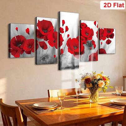 5 Stücke wasserdichte rote Blumen Wandbehang Leinwand Gemälde Set - Lebendiges rotes Blumenmuster, perfekt für Wohnzimmer, Schlafzimmer, Büro und Bar Dekoration | Wasserdichte und geruchslose Wanddekoration