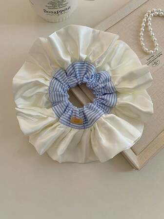 1pc Women's Satin Ruffle Ballerina Style Blue Striped Scrunchie, Sweet Girl Hair Tie Hair Accessory