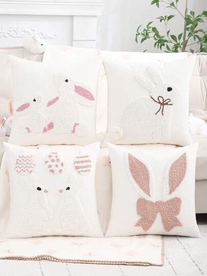 1pc/2pcs Easter Decorative Throw Pillow Cover, Rabbit Ear Plush Embroidery Canvas, Suitable For Living Room, Sofa, Bedroom, Home Decor, Holiday Gift, Spring/Summer