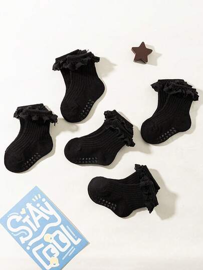 5 Pairs Girls/Baby/Toddler Black Non-Slip Dot Socks, Cute Casual Soft Comfortable Lace Trim Socks, Minimalist Fashion Breathable Moisture-Wicking Ankle Socks, Suitable For Holidays, Gifts, Daily Wear, School, Travel, Spring/Summer