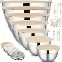 TAIMASI 26-Piece Stainless Steel Mixing Bowl Set With Airtight Lids – Non-Slip Bottoms & Grater Attachments, Variety Of Sizes 1.1-4.5 QT | Perfect For Mixing, Serving & Cooking, Fathers Day Gift - Màu Khaki - Xem 9