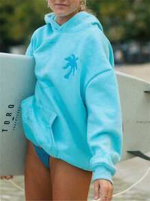 Printed Women's Casual Hoodie, Floral Print - Long Sleeves, Loose Zip Detail, Polyester Material, Machine Washable Printed Blue Hoodie. - 淺藍色 - 查看 1