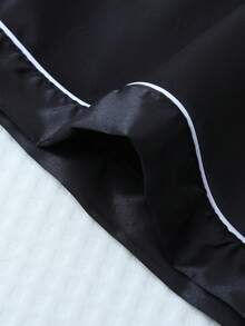 【优雅田园】2件套加大码女士纯色缎面短袖翻领上衣和蝴蝶结短裤睡衣套装，夏季家居服，套装 - 黑色 - 查看 7