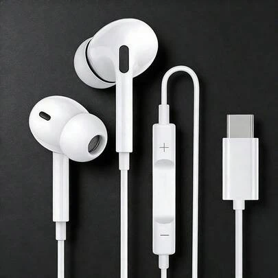 Trådbundna in-ear-hörlurar med typ-C-gränssnitt, högupplöst ljudkvalitet, HD-mikrofon, omslutande bas, universella hörlurar med volymkontroll. Kompatibel med iPhone 16/15, iPad, Vivo, OPPO, OnePlus och andra smartphones.
