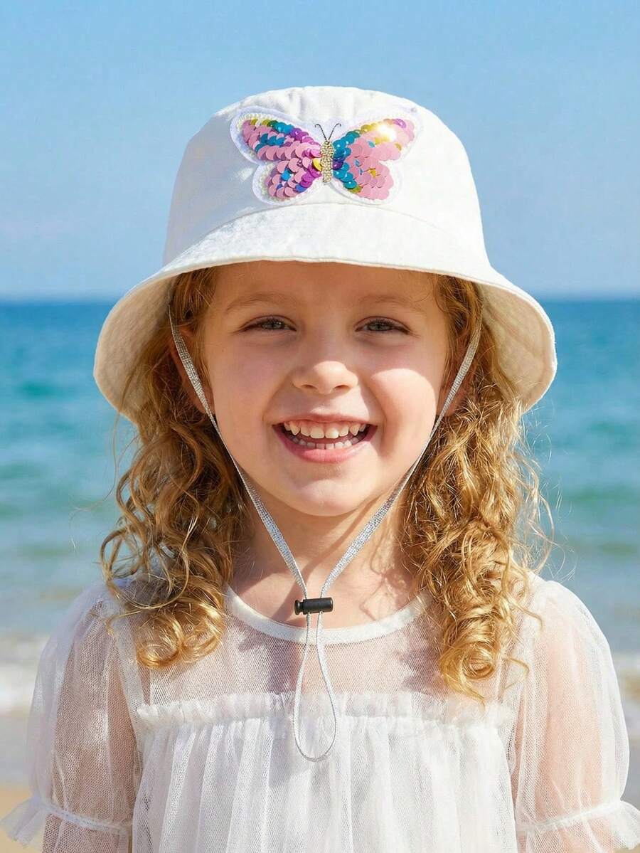 1顶女童亮片蝴蝶渔夫帽，可调节，时尚防晒帽，适合春夏佩戴