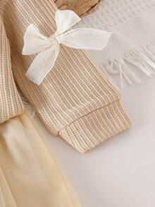 女婴两件套，浅棕色针织上衣饰有蝴蝶结，搭配同色系网纱裙，甜美可爱 - 杏色 - 查看 4