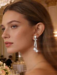 1对精致领结水滴吊坠耳环，优雅立方氧化锆时尚耳环，适合女性订婚、婚礼、生日派对等场合佩戴，铜质首饰 - 白色 - 查看 1