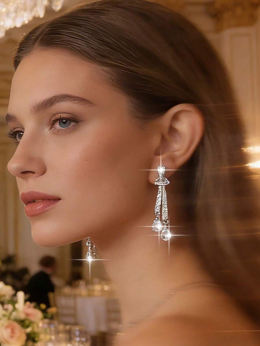 1对精致领结水滴吊坠耳环，优雅立方氧化锆时尚耳环，适合女性订婚、婚礼、生日派对等场合佩戴，铜质首饰 - 白色 - 查看 1