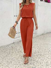 Women's Fashionable Round-Neck Short-Sleeved-Shirt With Side Pocket And Sporty Pants, Spring/Summer Style - 紅色 - 查看 2