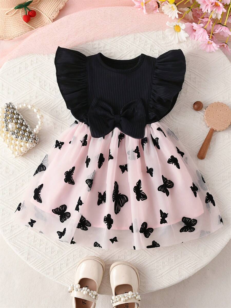 Baby Girls' Casual Dress, Simple Ribbed Splice Butterfly Mesh Patchwork Dress, Cute - Black - View 1