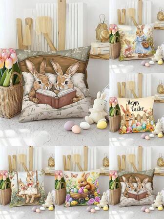 1 pieza, Funda de almohada de conejo de Pascua, 45*45cm Estampado de flores y huevos de primavera con cremallera de poliéster, Decoración de primavera y verano, Decoración del hogar, Decoración de la sala, Decoración de la oficina, Decoración de la sala de estar, Sin relleno de almohada