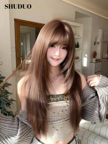 SHUDUO 1顶合成耐热直发棕色假发，纤维材质，适合日常佩戴，自然逼真（不含配饰） - 棕色 - 查看 1