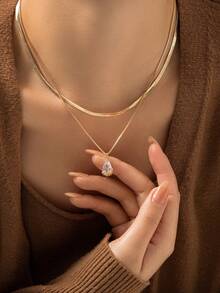 Bộ 2 mặt dây chuyền hình giọt nước hai lớp đính đá Zirconia thanh lịch, tối giản, làm từ thép không gỉ, dành cho nữ. - Vàng - Xem 4