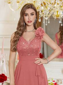 MIUSOL V-Neck Sequin Floral Lace Contrast Color Chiffon Sleeveless Ruffle Hem Cocktail Party Swing Dress, A-Line Skirt - Dusty Pink - View 8