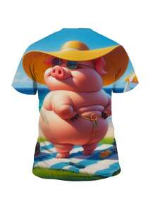 Men'S 3D Patterned T-Shirt - Humorous Vacation Pig Beach Print, Glossy Polyester Blend, Machine Washable, Regular Fit Short Sleeve Summer Casual Outdoor Wear, Fun Design With Smooth Surface, Adult Clothing - 混合色 - 查看 3