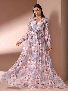 优雅女士印花长袖A字连衣裙，层叠袖子配腰带，度假风，夏季花园春季必备 - 彩色 - 查看 7