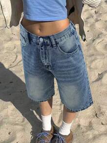 复古低腰做旧牛仔短裤，斜插口袋设计，返校季必备单品 - 深色水洗藍 - 查看 3