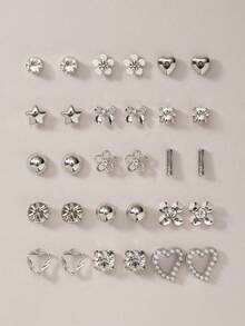 15 Pairs Cute Flower, Star, Rhinestone Stud Earrings Set, Fashionable & Minimalist, Suitable For Vacation - Silver - View 1