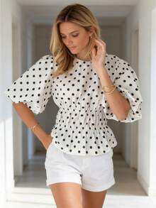 Women's Puff Sleeve Tops Fashionable Dot Print Round Neck Cinched Waist Blouse For Casual Daily Wear - trắng - Xem 1