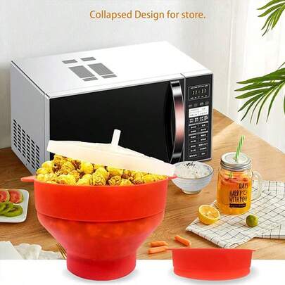 1pc Foldable Silicone Popcorn Bowl With Handle, Heat Resistant, Microwave With Lid, Dishwasher Silicone Popcorn Maker