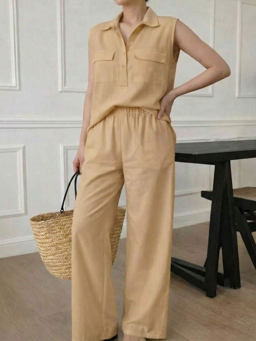 A&DD MODA, REF: AS1923 - Women's Set Consisting Of A Sleeveless Blouse And Pants. The Blouse Has A High V-Neck And Pockets; The Pants Have A Straight Cut, Elastic Waistband And Pockets, Ideal For Everyday Wear, With A Very Casual Style. - 米色 - 查看 1