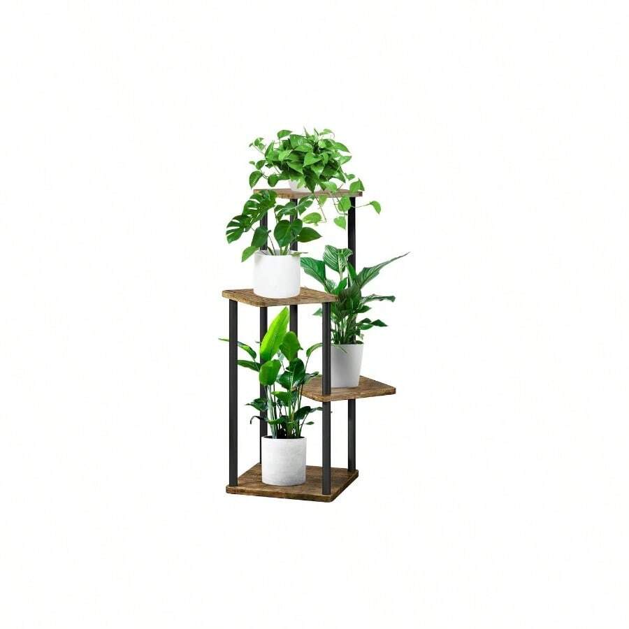 6 Tier Wood Tall Plant Stand Metal Rack Indoor, Multiple Flower Pot Holder Shelves Corner Rack, Planter Shelf Display Rack Storage Organizer Patio Living Room Balcony GardenWhite Oak - 4 級,黑色 - 查看 1