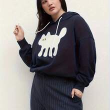 Plus Size - Plus Size - Plus Size, Women'S Oversized Cat Print Hooded Sweatshirt - Navy Blue & White Cat Design, Cozy Pullover With Drawstring Hood, Casual Long Sleeve Fall Winter Sweater For Casual Attire, Relaxed Fit Plus Size Friendly, Cute Cat Lover Gift, Cat Hoodie, Cat Hoodie For Women, Plus Size Hoodies For Women, Plus Size Hoodies For Women Plus Size, Seasonal Clothing, Everyday Outfit, Playful Design, Soft Fabric, Durable Construction, Pullover Hoodie, Fashion Enthusiasts, Petinspired - 藏蓝色 - 查看 4