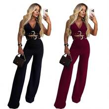 C7499 European And American Fashion Women's V-Neck Decorative Button Belt Top And Pants Set - C7499 - Black - View 6