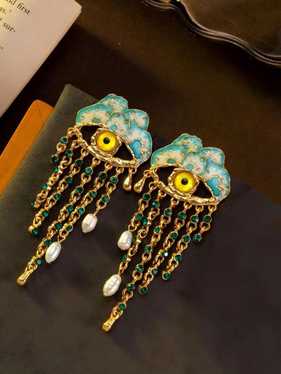 1 Pair Of Vintage Yellow Pupil Glazed Flower-Shaped Eyelash Eyes Fringed Personalized Luxury Earrings In Two Colors, Suitable For Women's Daily Wear, Gift, Birthday Present - Baby Blue - View 1