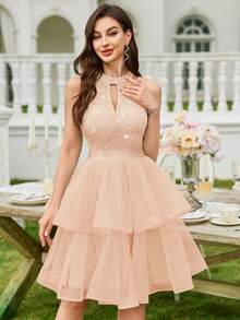 MIUSOL Sequin Floral Lace Halter Neck Ruffle Layered Hem Mesh Ballgown Skirt, Summer Women's Dress, Wedding Guest Outfit, Suitable For Vacation, Birthday Party, Graduation Ceremony And Other Occasions - Champagne - View 4