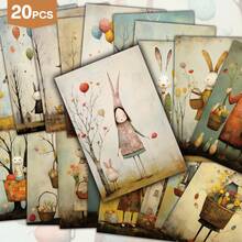 20 piezas Tarjetas de póster de Pascua abstractas vintage con pegatinas, conejito de Pascua, huevos y diseños florales de primavera, postales multicolor adecuadas para scrapbooking, decoración de pared, scrapbook, álbum de fotos DIY, manualidades, regalos y decoraciones de fiesta - Multicolor - Ver 6