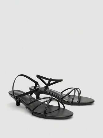 女士高跟凉鞋，黑色简约系带凉鞋，时尚小猫跟拖鞋，沙滩拖鞋