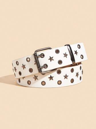 1pc Punk Party Y2K Style Double Hole Star White High Quality PU Women's Fashion Belt, Suitable For Jeans, Shorts, Ideal For Valentine's Day, Halloween, Parties, Street, Outdoor, Music Festivals