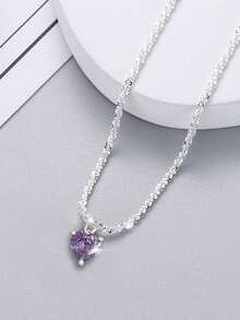 1pc Luxury Sparkling Clavicle Chain, Shimmering Purple Heart Zirconia Necklace For Valentine's Day - Silver - View 4