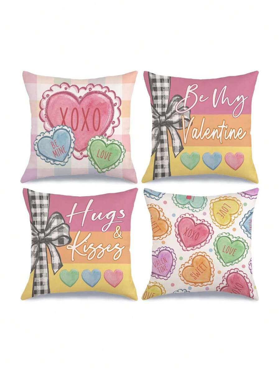 Valentinstag Kissenbezüge 45x45cm Set mit 4 Stücke, Sei mein Valentinsherz Umarmungen Küsse Liebe XOXO süße dekorative Landhausstil Feiertags Kissenhülle für Heim Dekoration - Babypink - Übersicht 1