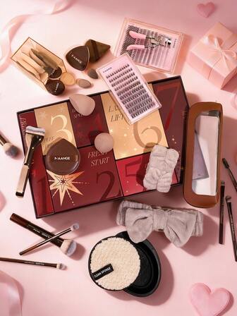 Set de regalo de maquillaje para el Día de San Valentín que incluye: - Juego de brochas de maquillaje - Scrunchies para el cabello - Set de pestañas postizas - Rizador de pestañas - Pinzas - Esponjas de maquillaje - Toalla cuadrada - Almohadillas desmaquilladoras - Bolsa de cosméticos - Caja de almacenamiento - Limpiador de brochas - Herramientas de maquillaje. El regalo perfecto para adolescentes y niñas