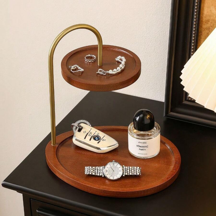 双层木质桌面收纳架，珠宝展示架，玄关置物架，桌面钥匙架，小型整理架 - 胡桃色 - 查看 1