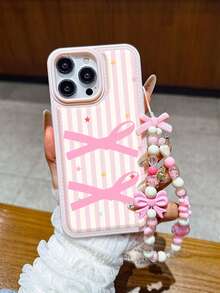 条纹星形蝴蝶结TPU防震手机壳，新款软壳，适用于 17 Pro Max、16/16 Pro Max、15/13/12/14、XR/7/8、15 Pro Max、16 Plus等型号，时尚配饰，带挂绳，推荐送给女性的礼物 - 粉色 - 查看 2