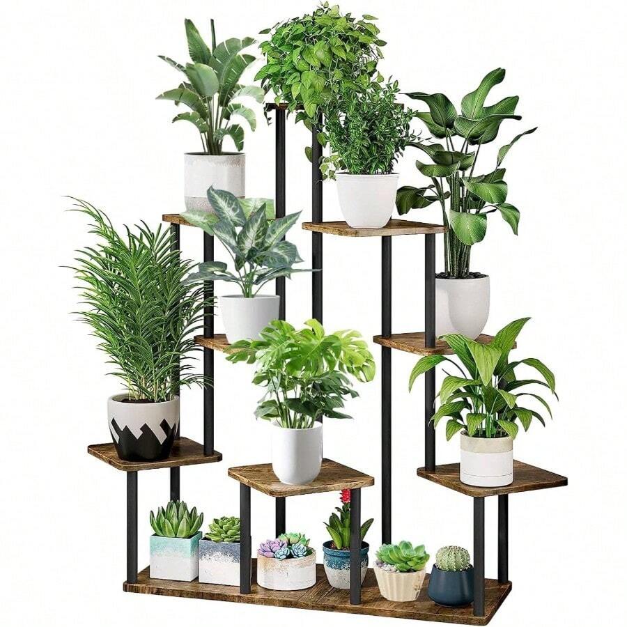 6 Tier Wood Tall Plant Stand Metal Rack Indoor, Multiple Flower Pot Holder Shelves Corner Rack, Planter Shelf Display Rack Storage Organizer Patio Living Room Balcony GardenWhite Oak - 9 Tingkat, Hitam - View 1