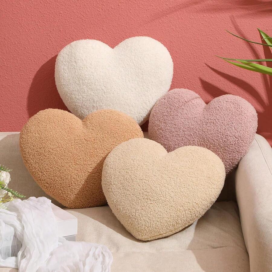 4 Pcs Heart Shaped Throw Pillows Sherpa Fluffy Soft Throw Cushions Cute Couch Decor Aesthetic Room Decor For Neutral Romantic Boho Home Decor 13.5 X 11.5 In - 1 - 查看 1