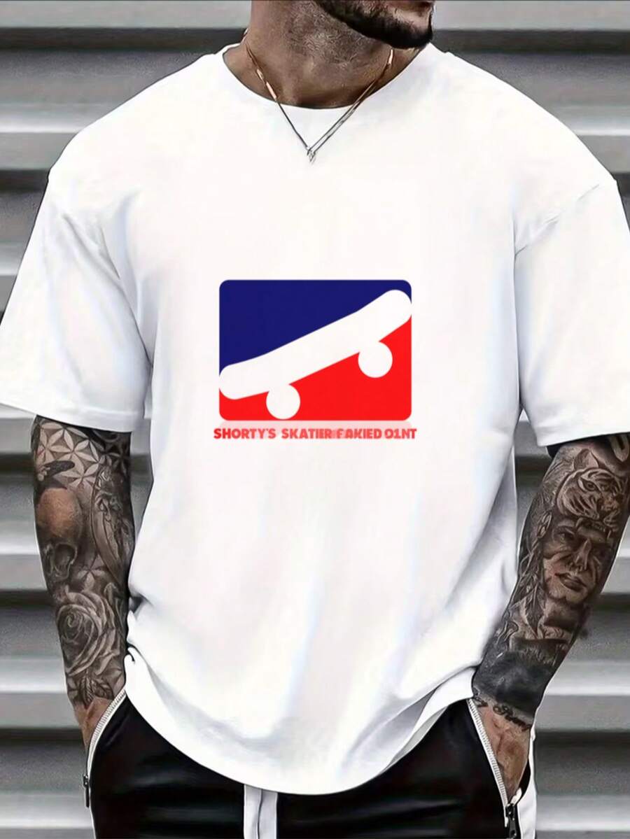 Men's Cotton T-Shirt With Skateboard Pattern - 白色 - 查看 1