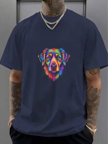 Camiseta de algodón negro con patrón de perro colorido y estilo trendy - Azul Marino - Ver 1