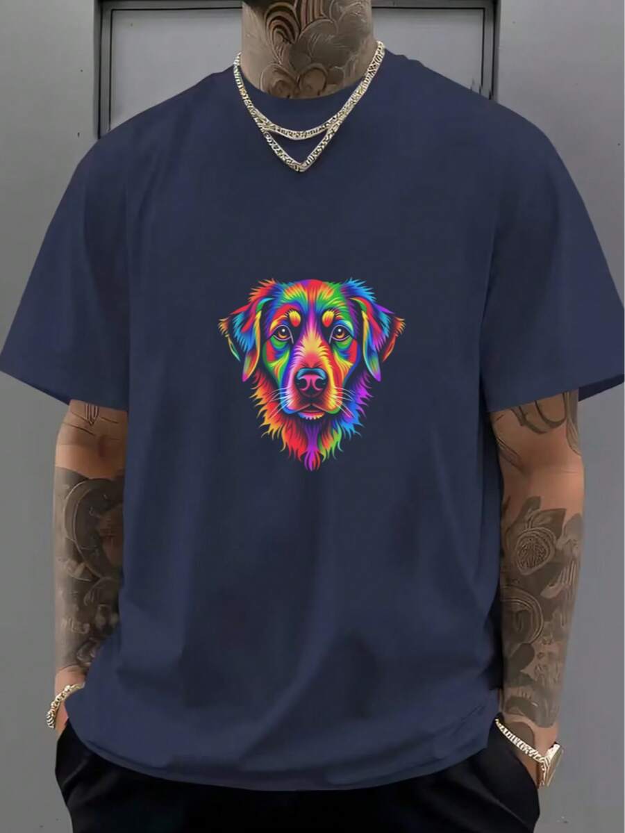 Camiseta de algodón negro con patrón de perro colorido y estilo trendy - Azul Marino - Ver 1