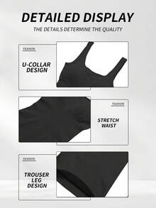 Yefecy Solid Color Ribbed Seamless Yoga Jumpsuit, Ribbed Solid Color Fashion Sports Jumpsuit, High Stretch Yoga Jumpsuit, Women Sports Wear, Spring/Summer - Black - View 7